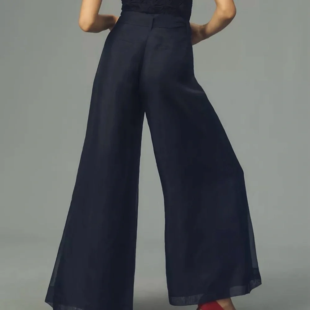 By Anthropologie Navy Silk Organza Wide-Leg Pants - Picture 2 of 7